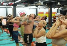 Bikram Yoga Teacher Training: The Complete YogaFX Program Overview Small cohort of Bikram yoga teacher training candidates practicing scripted dialogue delivery during the 6-day YogaFX intensive in Seminyak, Bali.