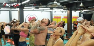 Small cohort of Bikram yoga teacher training candidates practicing scripted dialogue delivery during the 6-day YogaFX intensive in Seminyak, Bali.
