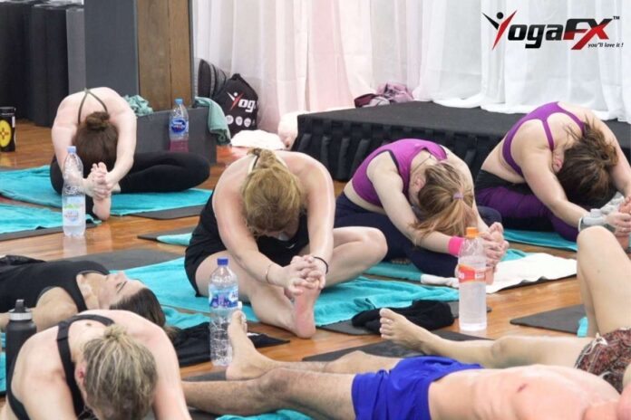 YogaFX Bikram yoga teacher training cohort during Day 1 studio orientation and first practice class in the natural Bali heat. YogaFX Bikram yoga teacher training cohort during Day 1 studio orientation and first practice class in the natural Bali heat.
